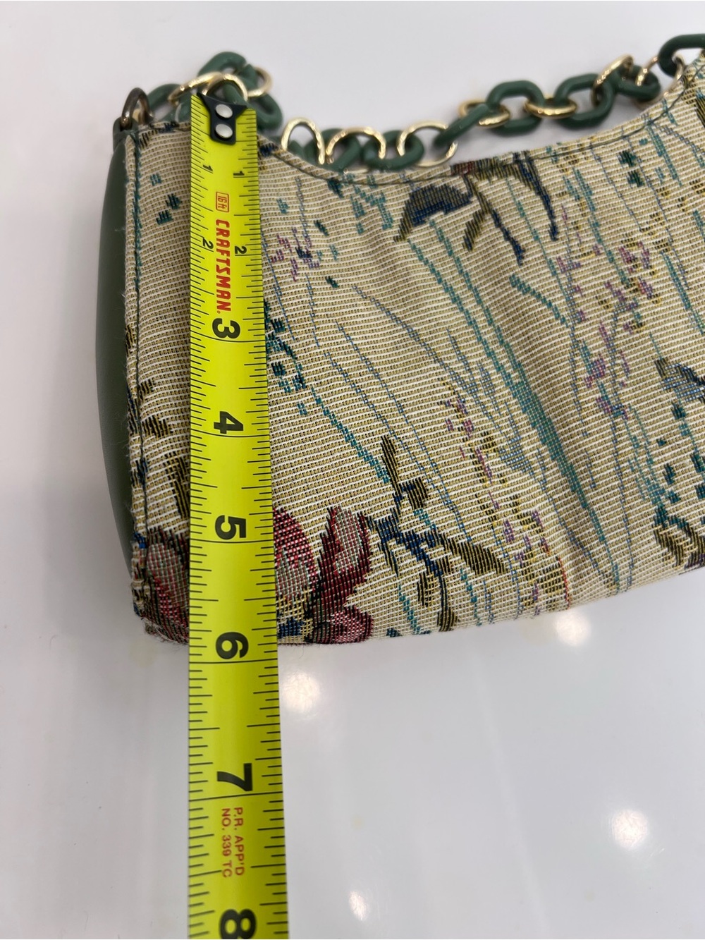 Vintage Floral Tapestry Baguette Bag – Green & Gold Acrylic Chain Strap Shoulder - Picture 13 of 13